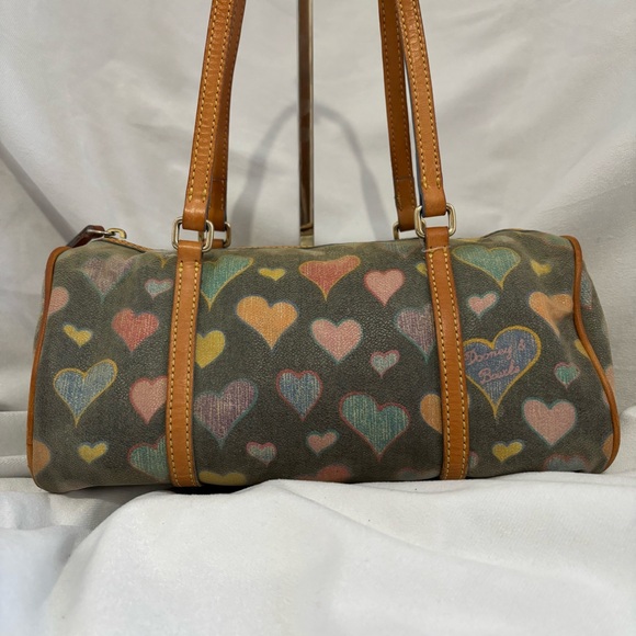 Dooney & Bourke Coated Canvas Heart Print Small Barrel Shoulder Bag Brown - Picture 2 of 14